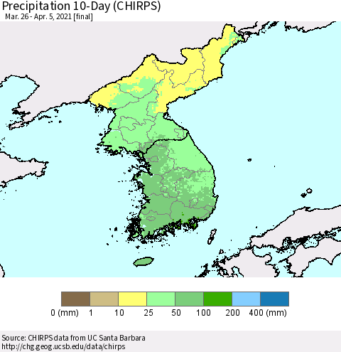Korea Precipitation 10-Day (CHIRPS) Thematic Map For 3/26/2021 - 4/5/2021