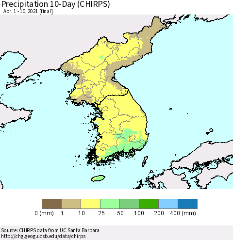 Korea Precipitation 10-Day (CHIRPS) Thematic Map For 4/1/2021 - 4/10/2021