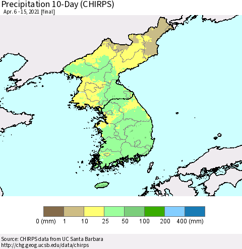 Korea Precipitation 10-Day (CHIRPS) Thematic Map For 4/6/2021 - 4/15/2021