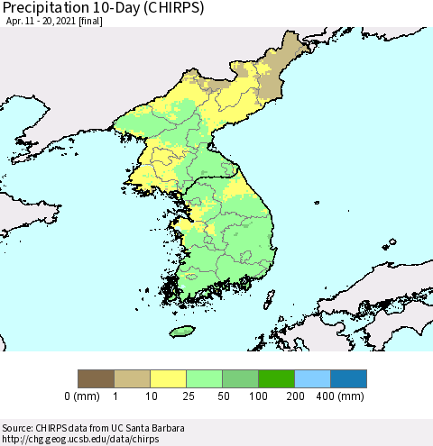 Korea Precipitation 10-Day (CHIRPS) Thematic Map For 4/11/2021 - 4/20/2021