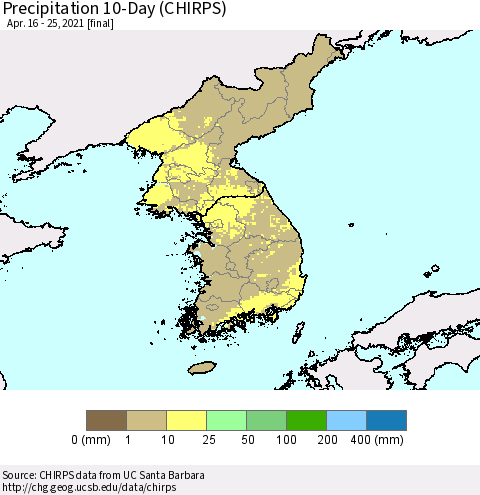 Korea Precipitation 10-Day (CHIRPS) Thematic Map For 4/16/2021 - 4/25/2021