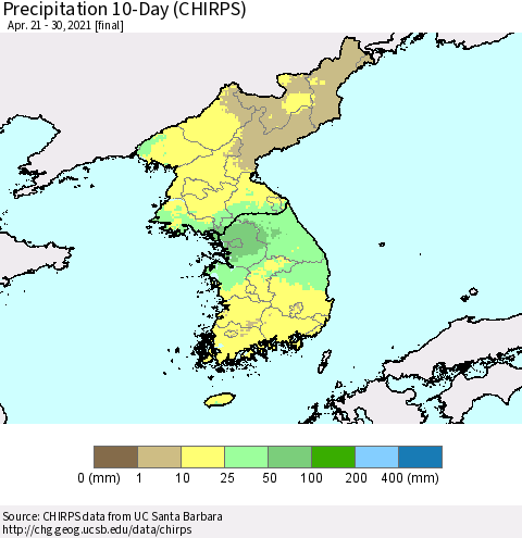 Korea Precipitation 10-Day (CHIRPS) Thematic Map For 4/21/2021 - 4/30/2021