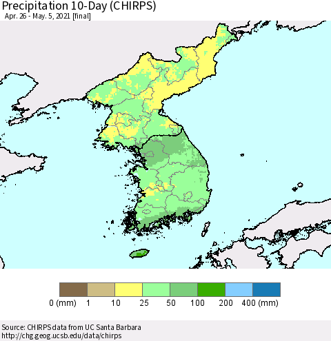 Korea Precipitation 10-Day (CHIRPS) Thematic Map For 4/26/2021 - 5/5/2021