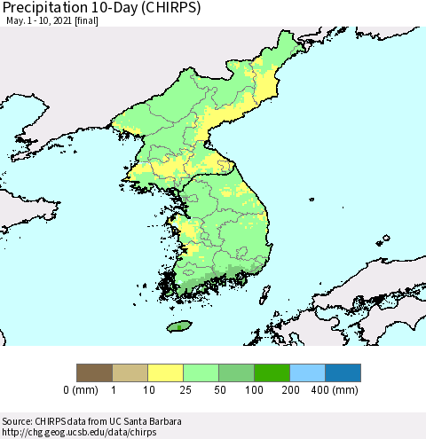 Korea Precipitation 10-Day (CHIRPS) Thematic Map For 5/1/2021 - 5/10/2021