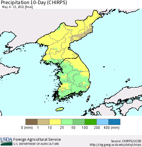Korea Precipitation 10-Day (CHIRPS) Thematic Map For 5/6/2021 - 5/15/2021