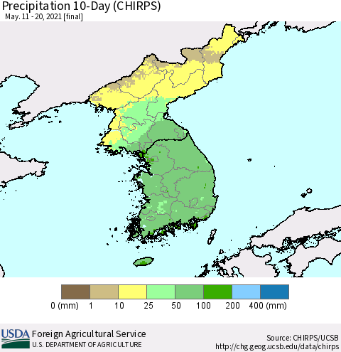 Korea Precipitation 10-Day (CHIRPS) Thematic Map For 5/11/2021 - 5/20/2021