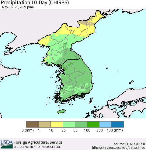 Korea Precipitation 10-Day (CHIRPS) Thematic Map For 5/16/2021 - 5/25/2021