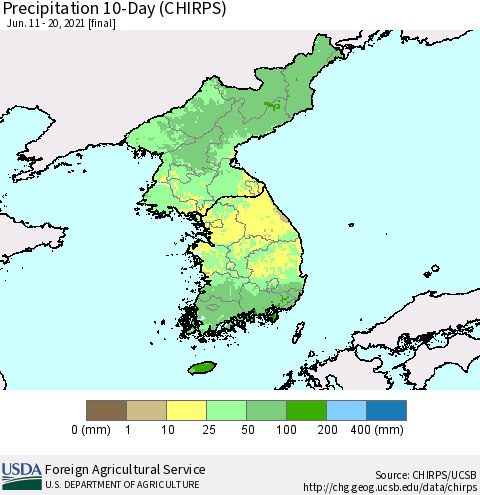 Korea Precipitation 10-Day (CHIRPS) Thematic Map For 6/11/2021 - 6/20/2021
