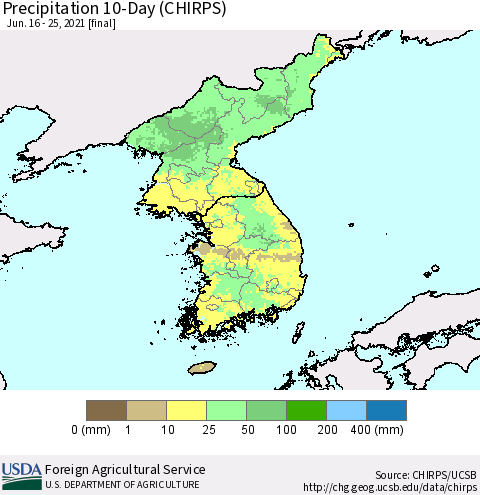 Korea Precipitation 10-Day (CHIRPS) Thematic Map For 6/16/2021 - 6/25/2021