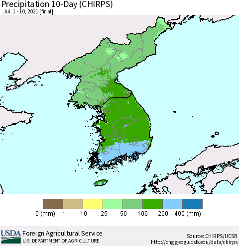 Korea Precipitation 10-Day (CHIRPS) Thematic Map For 7/1/2021 - 7/10/2021