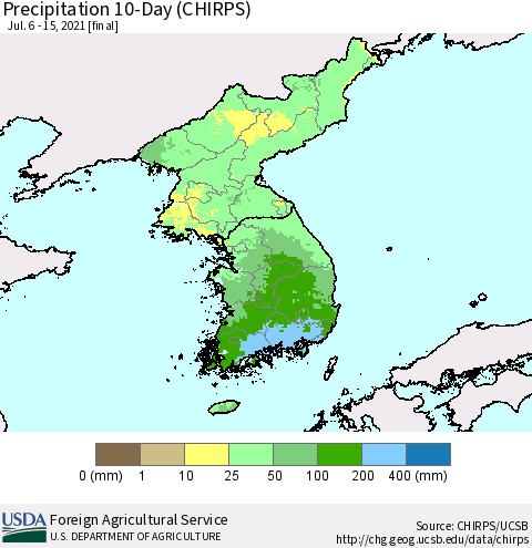 Korea Precipitation 10-Day (CHIRPS) Thematic Map For 7/6/2021 - 7/15/2021