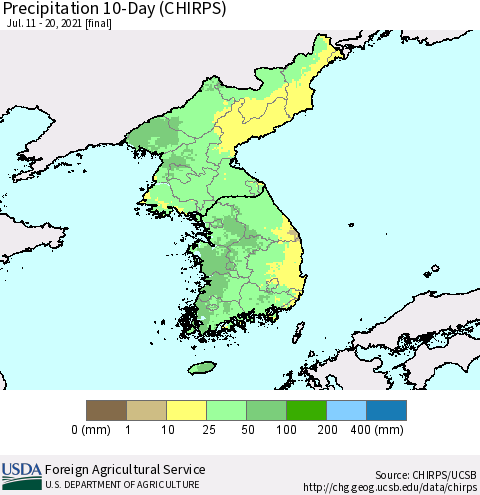 Korea Precipitation 10-Day (CHIRPS) Thematic Map For 7/11/2021 - 7/20/2021