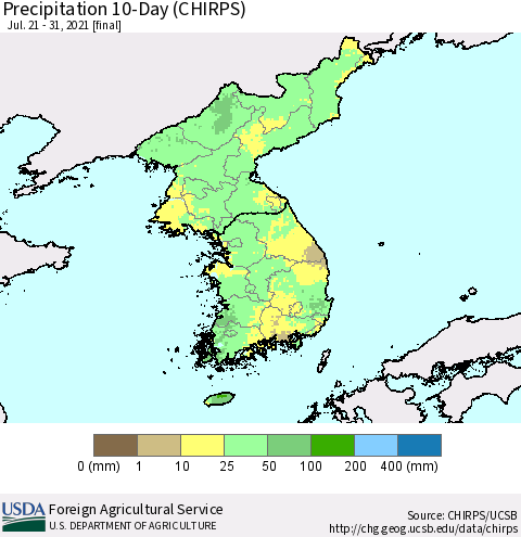 Korea Precipitation 10-Day (CHIRPS) Thematic Map For 7/21/2021 - 7/31/2021