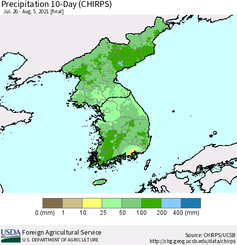Korea Precipitation 10-Day (CHIRPS) Thematic Map For 7/26/2021 - 8/5/2021