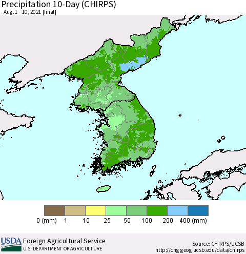 Korea Precipitation 10-Day (CHIRPS) Thematic Map For 8/1/2021 - 8/10/2021