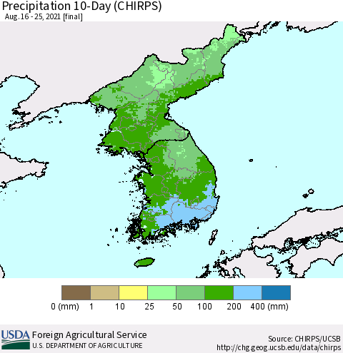 Korea Precipitation 10-Day (CHIRPS) Thematic Map For 8/16/2021 - 8/25/2021