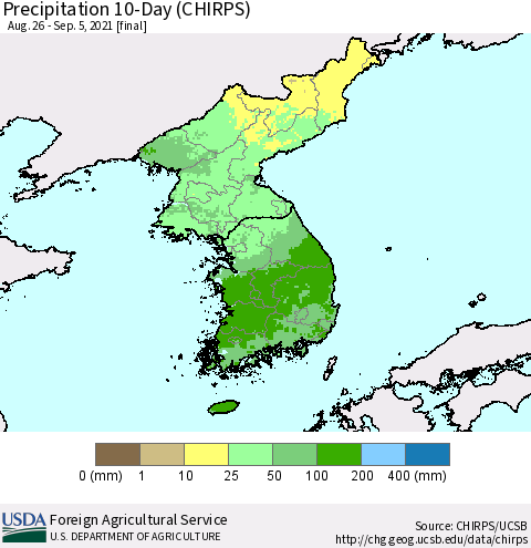 Korea Precipitation 10-Day (CHIRPS) Thematic Map For 8/26/2021 - 9/5/2021