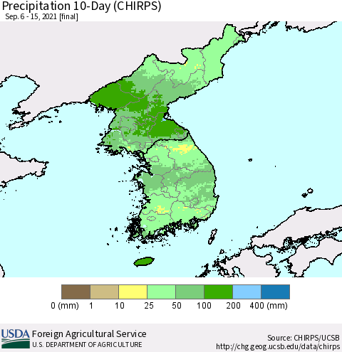 Korea Precipitation 10-Day (CHIRPS) Thematic Map For 9/6/2021 - 9/15/2021