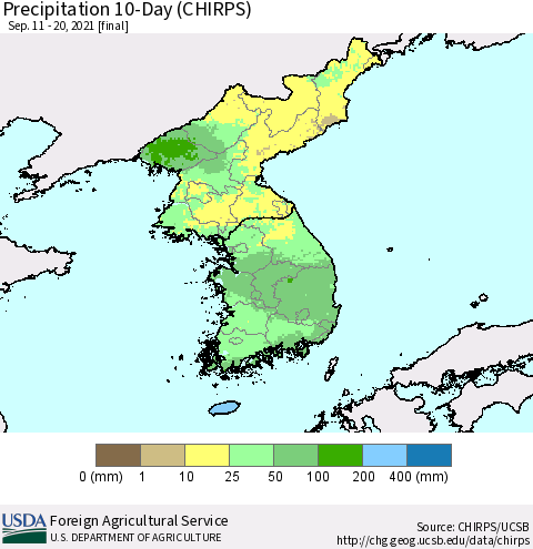 Korea Precipitation 10-Day (CHIRPS) Thematic Map For 9/11/2021 - 9/20/2021