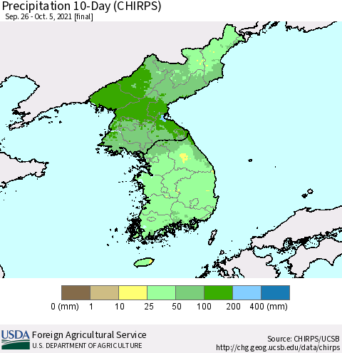 Korea Precipitation 10-Day (CHIRPS) Thematic Map For 9/26/2021 - 10/5/2021