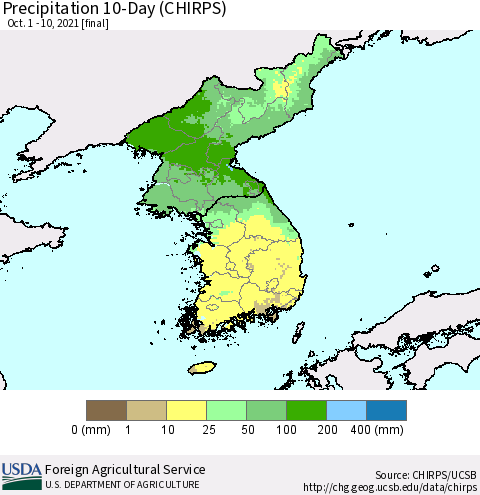 Korea Precipitation 10-Day (CHIRPS) Thematic Map For 10/1/2021 - 10/10/2021