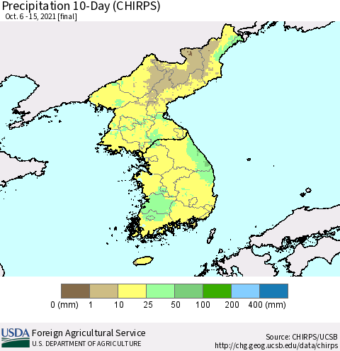 Korea Precipitation 10-Day (CHIRPS) Thematic Map For 10/6/2021 - 10/15/2021