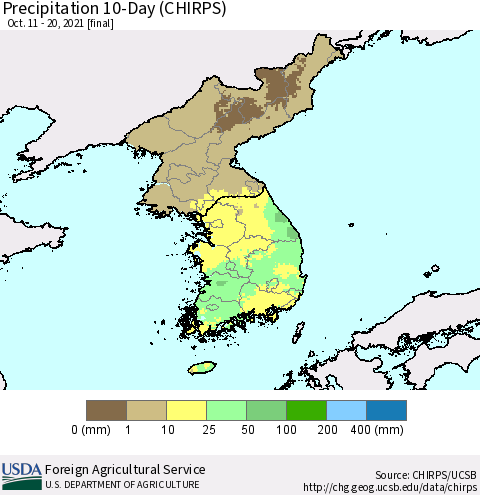 Korea Precipitation 10-Day (CHIRPS) Thematic Map For 10/11/2021 - 10/20/2021