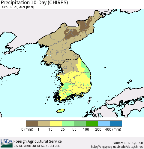 Korea Precipitation 10-Day (CHIRPS) Thematic Map For 10/16/2021 - 10/25/2021