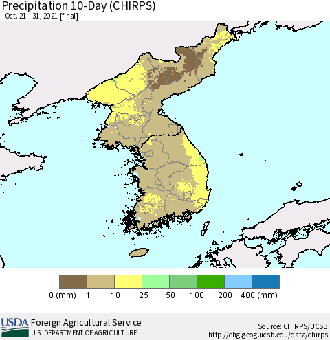 Korea Precipitation 10-Day (CHIRPS) Thematic Map For 10/21/2021 - 10/31/2021