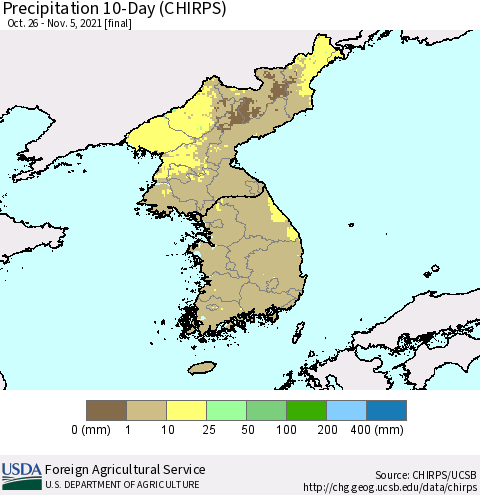 Korea Precipitation 10-Day (CHIRPS) Thematic Map For 10/26/2021 - 11/5/2021