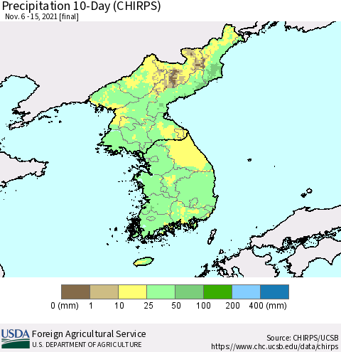 Korea Precipitation 10-Day (CHIRPS) Thematic Map For 11/6/2021 - 11/15/2021