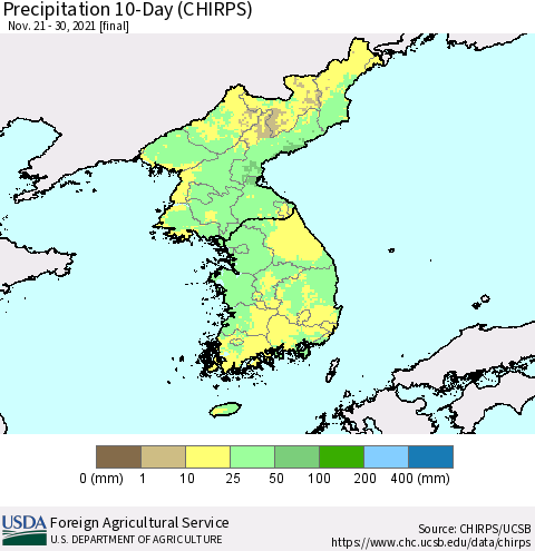 Korea Precipitation 10-Day (CHIRPS) Thematic Map For 11/21/2021 - 11/30/2021