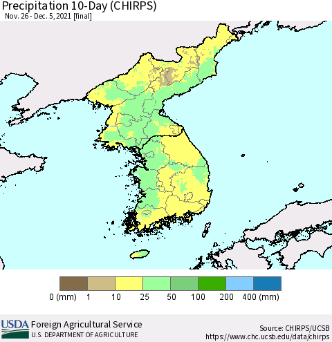 Korea Precipitation 10-Day (CHIRPS) Thematic Map For 11/26/2021 - 12/5/2021