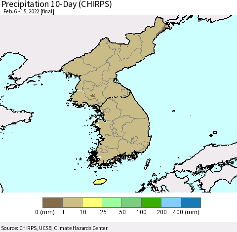 Korea Precipitation 10-Day (CHIRPS) Thematic Map For 2/6/2022 - 2/15/2022