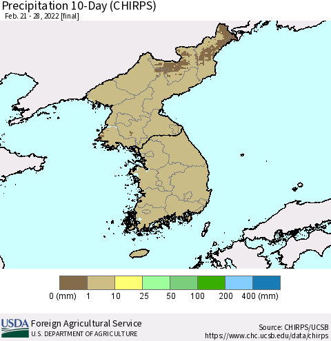 Korea Precipitation 10-Day (CHIRPS) Thematic Map For 2/21/2022 - 2/28/2022
