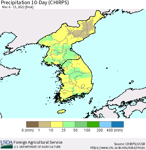 Korea Precipitation 10-Day (CHIRPS) Thematic Map For 3/6/2022 - 3/15/2022