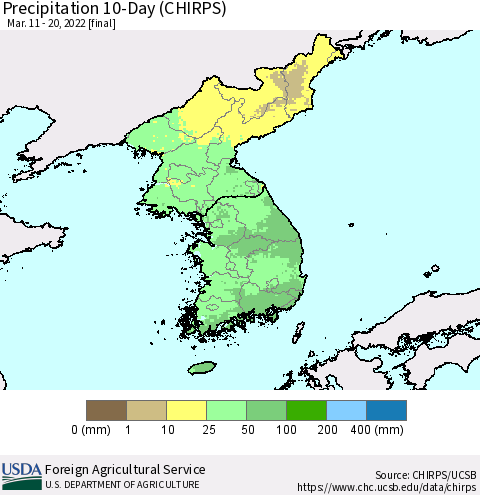 Korea Precipitation 10-Day (CHIRPS) Thematic Map For 3/11/2022 - 3/20/2022