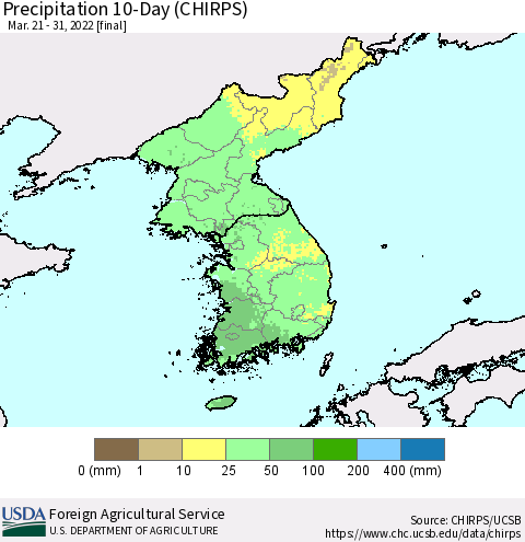 Korea Precipitation 10-Day (CHIRPS) Thematic Map For 3/21/2022 - 3/31/2022