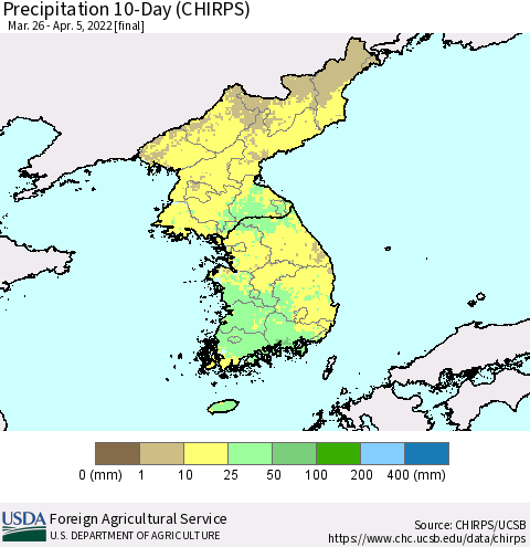 Korea Precipitation 10-Day (CHIRPS) Thematic Map For 3/26/2022 - 4/5/2022