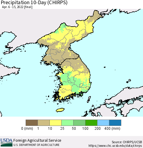 Korea Precipitation 10-Day (CHIRPS) Thematic Map For 4/6/2022 - 4/15/2022