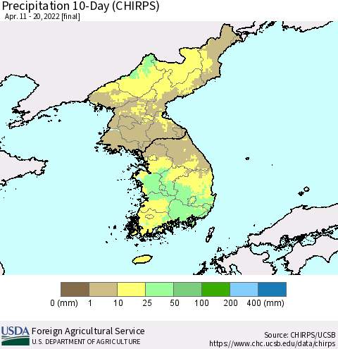 Korea Precipitation 10-Day (CHIRPS) Thematic Map For 4/11/2022 - 4/20/2022