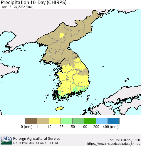 Korea Precipitation 10-Day (CHIRPS) Thematic Map For 4/16/2022 - 4/25/2022