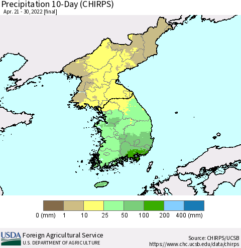 Korea Precipitation 10-Day (CHIRPS) Thematic Map For 4/21/2022 - 4/30/2022