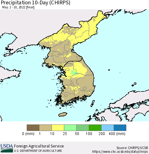 Korea Precipitation 10-Day (CHIRPS) Thematic Map For 5/1/2022 - 5/10/2022