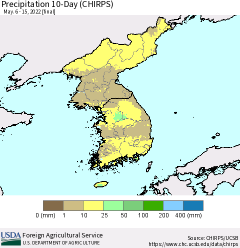 Korea Precipitation 10-Day (CHIRPS) Thematic Map For 5/6/2022 - 5/15/2022