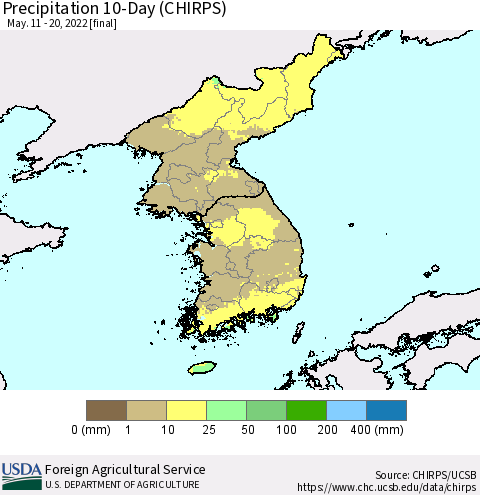 Korea Precipitation 10-Day (CHIRPS) Thematic Map For 5/11/2022 - 5/20/2022