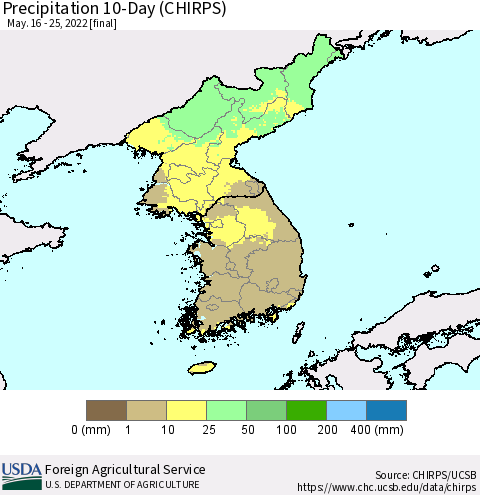 Korea Precipitation 10-Day (CHIRPS) Thematic Map For 5/16/2022 - 5/25/2022