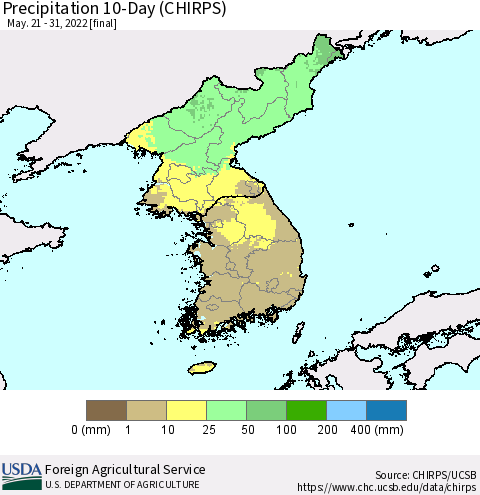 Korea Precipitation 10-Day (CHIRPS) Thematic Map For 5/21/2022 - 5/31/2022