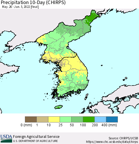Korea Precipitation 10-Day (CHIRPS) Thematic Map For 5/26/2022 - 6/5/2022