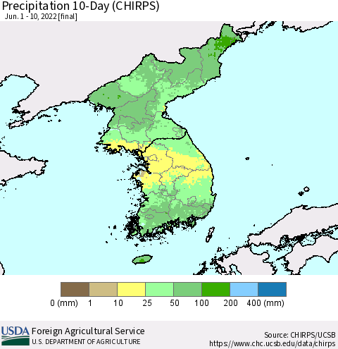 Korea Precipitation 10-Day (CHIRPS) Thematic Map For 6/1/2022 - 6/10/2022